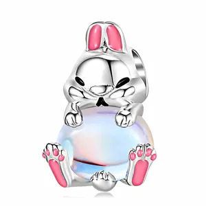 925 Sterling Silver Cute Rabbit Charm With Synthetic Moonstone Pink Enamel For Bracelet DIY Jewelry Making Accessory