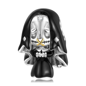 Unique 925 sterling silver nun skull bead with black enamel and sparkling cubic zirconia