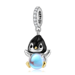 Cute S925 sterling silver penguin charm with blue moonstone and zircon pavé detailing