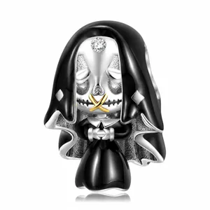 925 Sterling Silver Dark Nun Skull Charm Gothic Enamel Cross Bead For Bracelet Necklace Making DIY Halloween Jewelry Gift