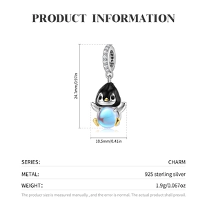 Cute S925 sterling silver penguin charm with moonstone and black enamel details