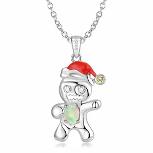 925 Sterling Zilver Peperkoekman Ketting Ovalen Opaal Zirkonia Hanger Rood Emaille Kerstmuts Y2K Sieraden Vrouwen