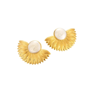 Elegant gold fan-shaped stainless steel earrings with white enamel center and ray textures