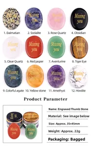 Macro shot of 12 natural stones with golden Missing You engraving and product details