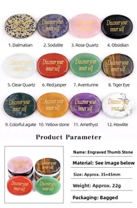 Detailed chart of 12 natural crystal palm stones with 'Discover your inner self' engraving