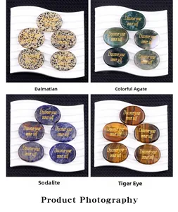 Macro detail of engraved natural energy stones with gold Discover Your Inner Self text