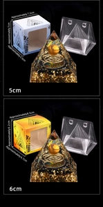 Confronto dettagliato delle dimensioni tra piramidi Orgonite da 5cm e 6cm con box