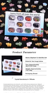 Detail of 12 assorted carved crystal elephant figurines in a transparent window display box