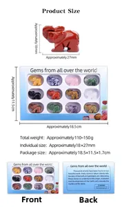 Detailed size chart for 1 inch carved crystal elephant set in a 12-piece variety gift box