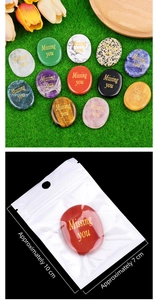 Detailed view of engraved natural crystal stones with Missing you message and dimensions