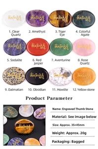 Macro shot of assorted natural thumb stones with gold-engraved Buddhist mantras