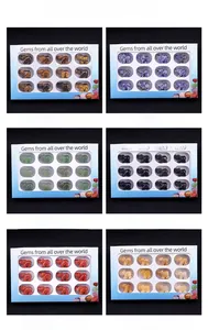 Macro display of 12-piece sets of 1-inch carved crystal elephant figurines in various gems