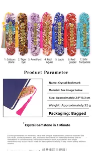 Detailed chart showing oval resin bookmarks with natural crystals and matching silk tassels