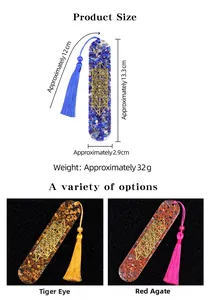 Resin bookmark with colorful natural crushed stones, gold accents and silk tassel detail