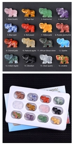 Detailed chart showing 16 varieties of carved crystal elephant figurines with tray
