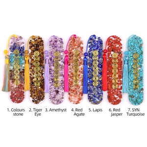 Chakra resin bookmarks with colorful healing crystals, golden symbols and matching tassels