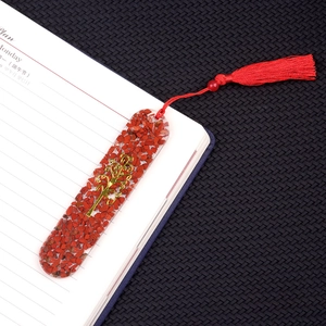 Resin tree of life bookmark with red stones, gold metal charm and silk tassel