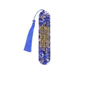 Handmade resin crystal bookmark with Tree of Life wire wrap and deep blue silk tassel