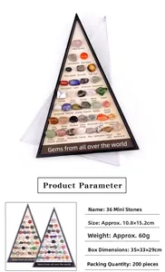 Macro view of 36 assorted natural mineral specimens in a transparent acrylic display box