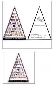 Three views of a triangle display box featuring 36 types of polished natural mineral stones