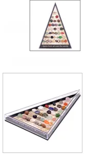 Detailed set of 36 mini natural crystal and mineral specimens in a triangle display box