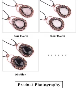 Colliers rétro avec pendentifs en quartz rose, cristal de roche et pierre d'obsidienne