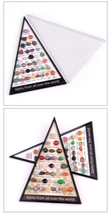 Detailed set of 36 natural polished mineral specimens in a black triangular display box