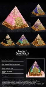 Detailed macro view of 5cm Orgone crystal pyramid with Flower of Life symbol and gold foil