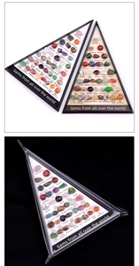 Detailed collection box of thirty-six natural polished mineral stone specimens with labels