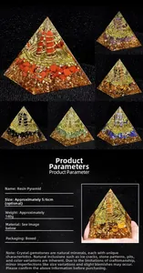Detailed chart showing 5cm Orgone pyramids with natural stone chips and copper coils