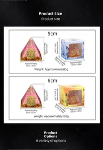 Size chart for Orgone energy crystal pyramids with dimensions for 5cm and 6cm resin crafts