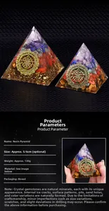 Detail view of handmade resin orgonite pyramid with colorful stones and gold foil inserts