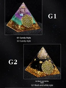Detail view of Flower of Life crystal energy pyramid with amethyst and obsidian stones