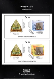 Detailed size chart showing dimensions and weight for the Orgone energy pyramid ornament