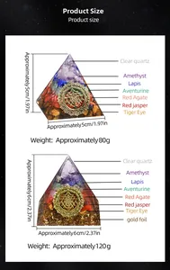 Detailed size chart for Orgone Pyramids showing dimensions of 5cm and 6cm options
