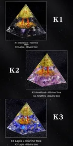 Trois pyramides Orgone avec arbre de vie en péridot et bases en cristaux de soin
