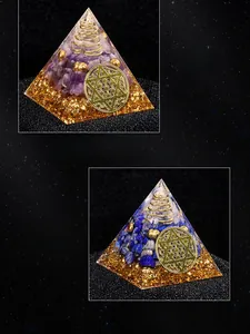 Detailed view of Orgone Pyramids G3 and G4 with amethyst and lapis lazuli crystals
