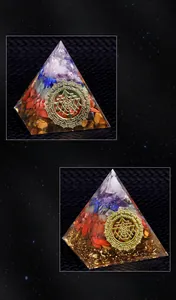Detailed comparison of 5cm and 6cm Orgone pyramids with colorful crushed stones and resin