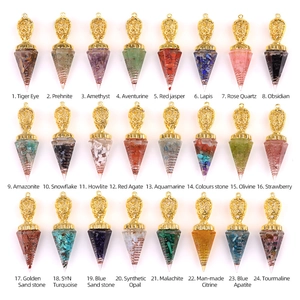 Set de 24 péndulos hexagonales dorados con cristales naturales y piedras semipreciosas