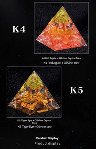 Vue détaillée d'une pyramide d'Orgone avec arbre de vie en péridot et cristaux