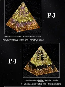 Macro view of Orgone pyramids with Amethyst and Obsidian pillars with metal coils