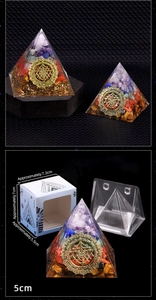 Detail showing Orgone Energy Pyramid dimensions with Sri Yantra symbol and packaging