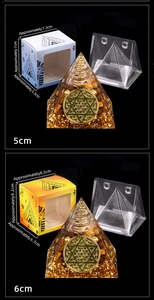 Tiger eye stone orgonite pyramid detail showing packaging, gold foil and copper coil