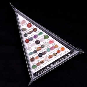 Educational 36-piece set of polished natural crystal mineral specimens in triangle box