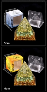 Detailed size chart for 5cm and 6cm orgone pyramids with packaging and copper spiral