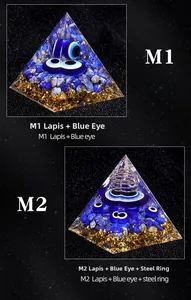 Pyramide d'orgonite en lapis-lazuli avec œil maléfique et détails en feuille d'or