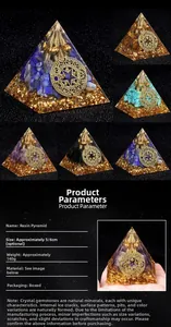 Detailed view of handmade resin energy pyramid with crystals and gold foil, size 5-6cm