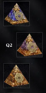 Detailed view of three Orgone pyramids with Lapis, Amethyst and Tiger Eye stones