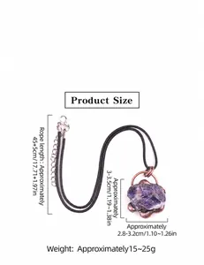 Macro detail of raw purple amethyst crystal pendant on black cord with measurements
