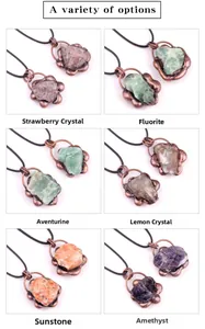 Detailed macro view showing six varieties of raw natural gemstone pendant necklaces